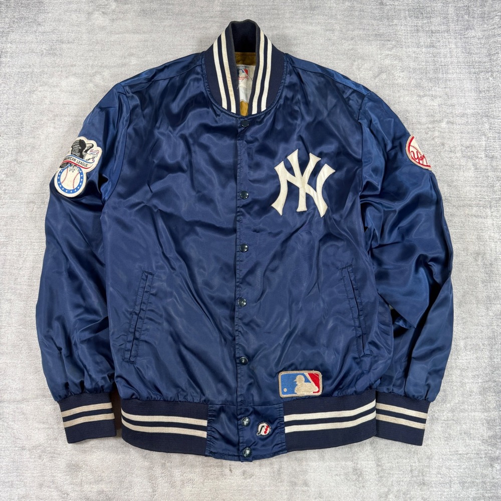 Vintage NY Yankees Jacket Mens XL Blue American League Patch Satin Bomber MLB